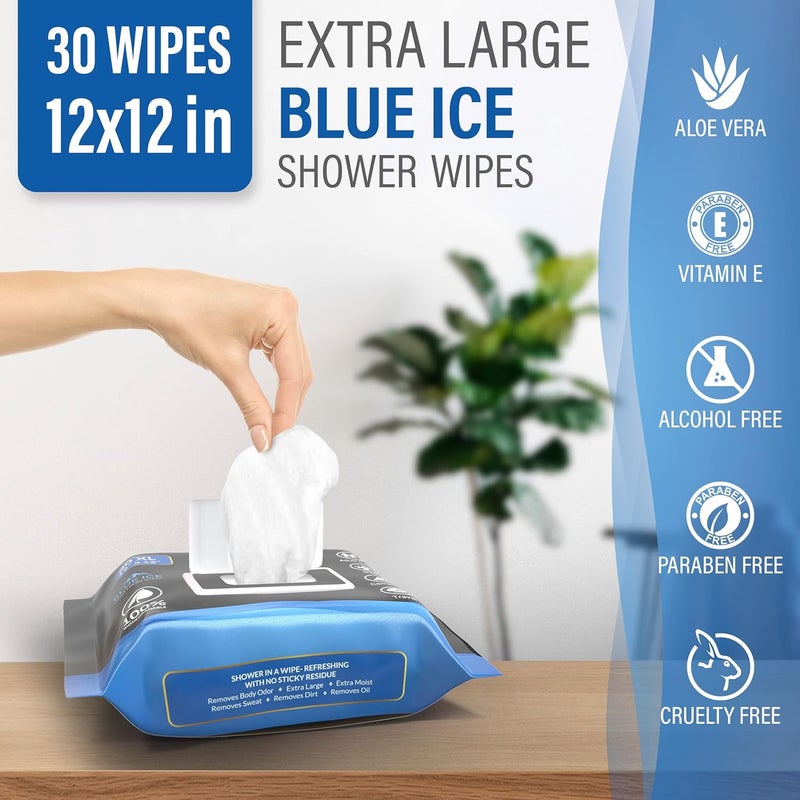 Pure Active XXL Body Wipes for Face and Body, Deodorizing Men's Shower Wipes for Camping, Travel, and After Workout, 12x12 Blue Ice Scented 30 Pack - Image 2